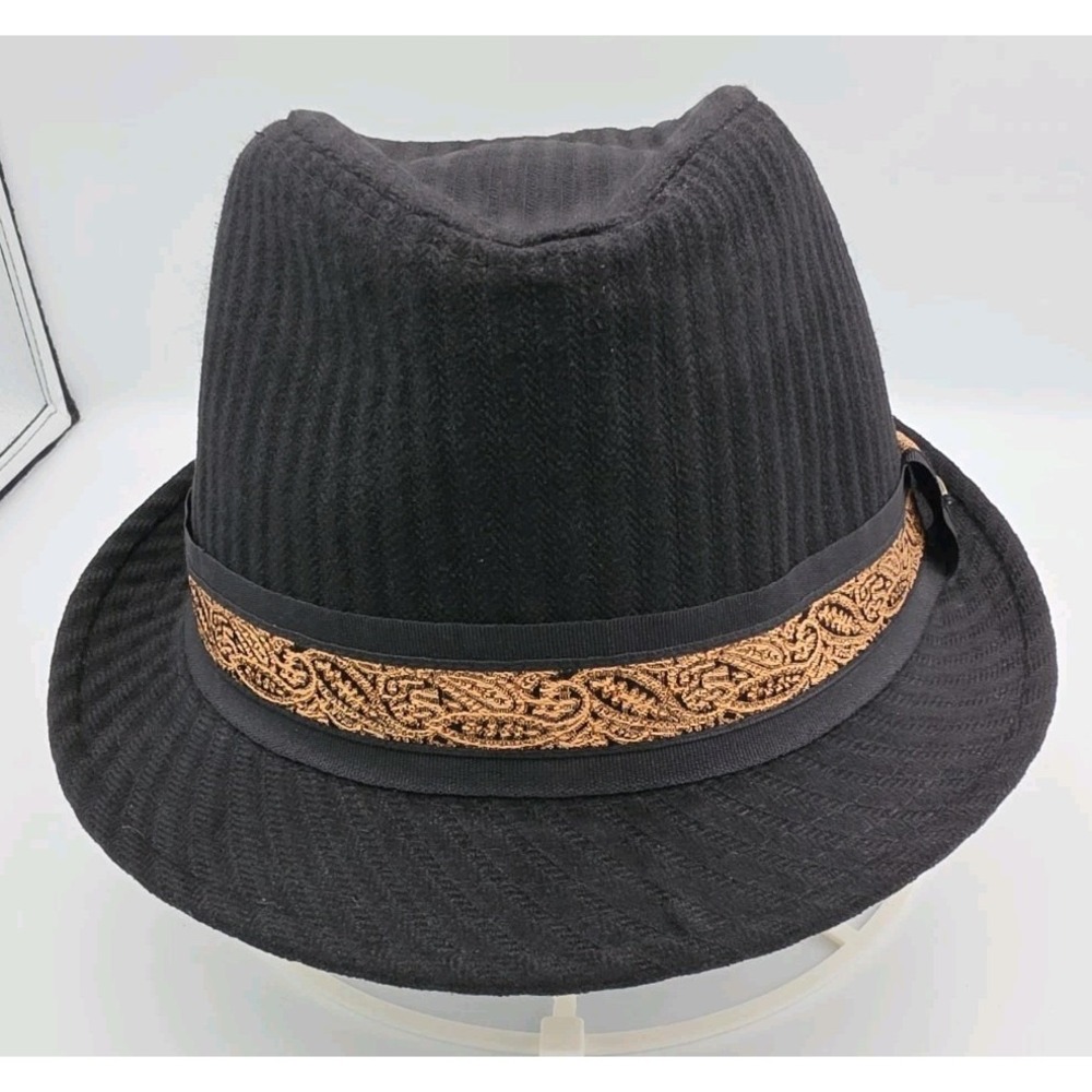 BEAUTIFUL Scala Classico Black Fedora Hat With Gold Pattern & Ribbon Band Size M